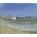 Campbell Archibald Mellon (British, 1876-1955): a beach scene, with figure emerging from the sea, si... 
