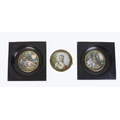 Three hand painted miniatures, comprising a portrait of a lady with a flower in her hair, 6cm diamet... 