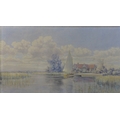 Stephen John Batchelder (British, 1849-1932): Norfolk Broads, a view over a river with a sailing boa... 