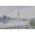 Stephen John Batchelder (British, 1849-1932): Norfolk Broads, a view along a river with two sailing ... 