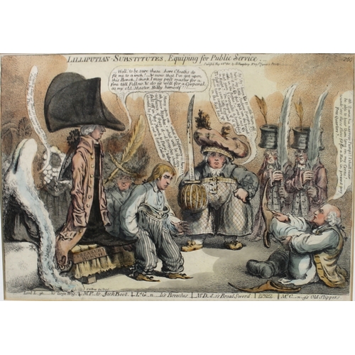 233 - Two James Gillray (1756-1815) hand coloured, cartoon prints: 'Lilliputian Substitutes Equiping for P... 