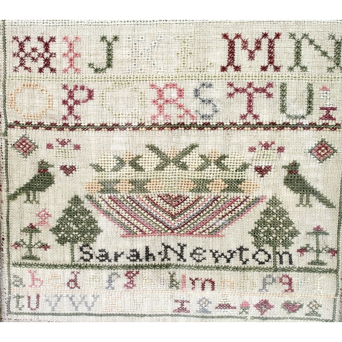100 - Two Victorian samplers, one signed 'Sarah Newton', 32 by 35cm, the other unsigned with design of bir... 