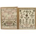 Two Victorian samplers, one signed 'Sarah Newton', 32 by 35cm, the other unsigned with design of bir... 