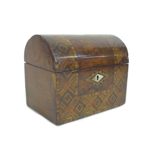 108 - A Victorian Tunbridgeware tea caddy, the domed top inset with geometric marquetry and mother of pear... 