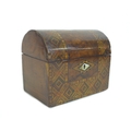 A Victorian Tunbridgeware tea caddy, the domed top inset with geometric marquetry and mother of pear... 