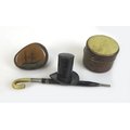 A late 19th century top hat and umbrella form pen and inkwell, 11.3cm long, together with a leather ... 