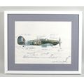 A military print of a Hawker Hurricane in profile, signed by approximately forty past RAF pilots, se... 