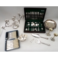 A collection of silver plated items, including an EPNS epergne, pair of candlesticks, set of fish kn... 