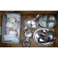 A group of silver plated wares and a part Staffordshire tea set. (1 box)