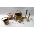 A group of copper, brass and pewter wares, including a copper kettle 26cm high, coal scuttles. (1 bo... 