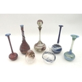 Seven late 20th century, hand blown art glass ornaments by Ed Igglehart, mostly vases with long tall... 