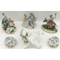 A group of three Capo di Monte figural sculptures, together with a pair of china pot pourri and a fi... 