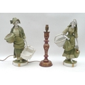 Two Austrian Amphora figurines of two ladies , each 41.5cm high, and a toll ware style lamp, figurin... 