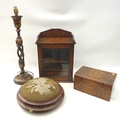 A papier mache lamp, 58cm high overall, a Tonbridge ware trinket box, smoker's cabinet with single g... 