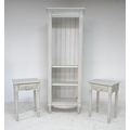 A Country Corner bookcase and two side tables in distressed French grey. (3)