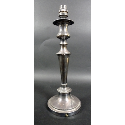 3 - A pair of silver plated table lamps, converted from candlesticks with removable drip trays, of knopp... 