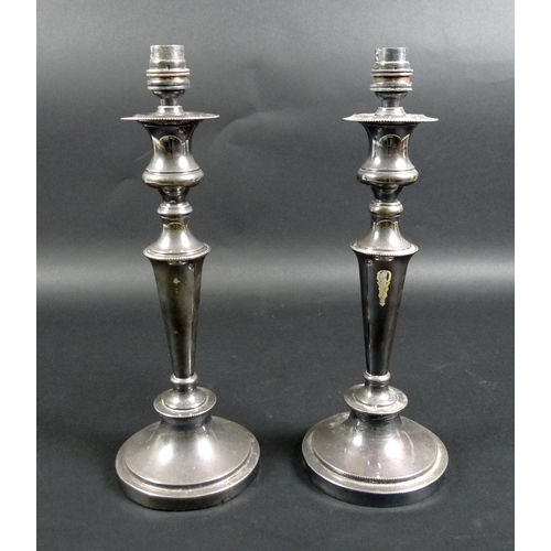 3 - A pair of silver plated table lamps, converted from candlesticks with removable drip trays, of knopp... 
