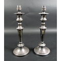 A pair of silver plated table lamps, converted from candlesticks with removable drip trays, of knopp... 