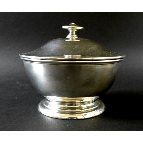 36 - A George V silver circular lidded bowl, with 'MARY' engraved upon its lid, raised upon a circular ba... 