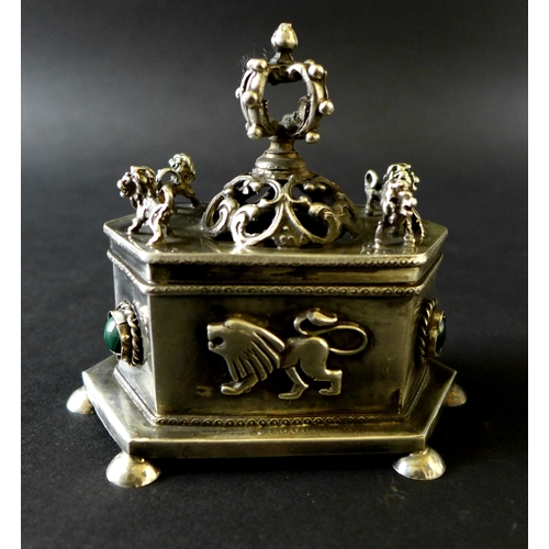 88 - Judaica: A pre-revolutionary 19th century Russian silver hexagonal box, the pierced lid decorated wi... 