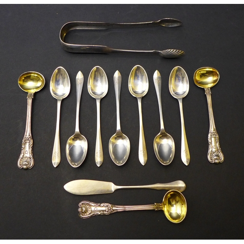 11 - A group of eleven pieces of Georgian and later Scottish silver flatware, comprising three salt spoon... 