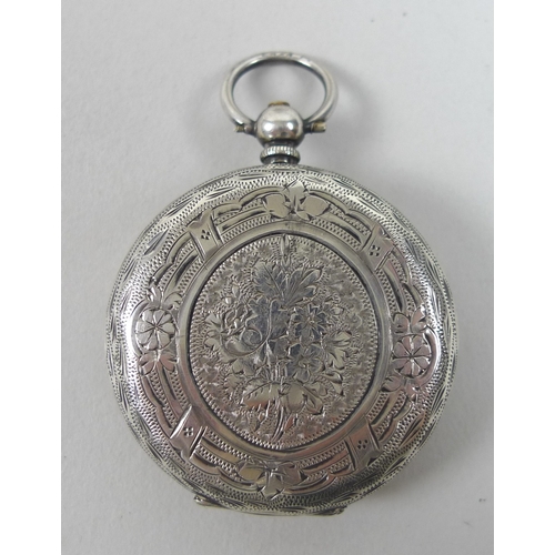 10 - A late 19th century Swiss silver key wound pocket watch with silvered Roman numeral dial decorated w... 
