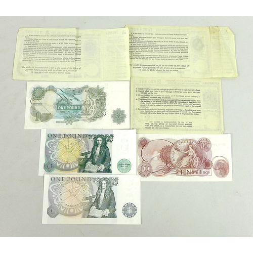 101 - A collection of bank notes and three postal orders, comprising three £1 note, serials CY76279115, DU... 