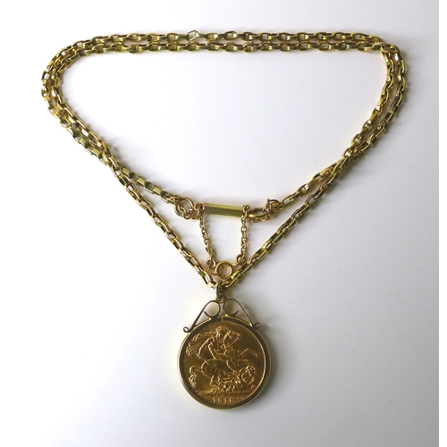 112 - A George V gold sovereign, 1913, in a 9ct gold mount and 9ct gold chain necklace, 50cm long, 16.2g t... 
