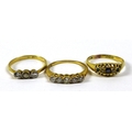 A 18ct gold and diamond five stone ring, size K/L, together with two other 18ct gold rings, one with... 