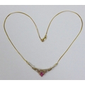 A 9ct gold ruby and illusion set diamond necklace, the pendant of winged heart design, 5.3cm wide, o... 