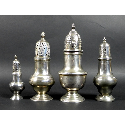 56 - A group of four Victorian and later silver sugar sifters, comprising one by Royal Irish Silver Co, D... 