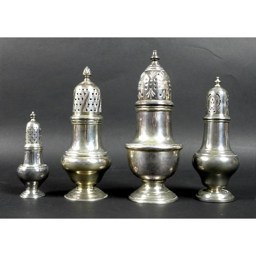 56 - A group of four Victorian and later silver sugar sifters, comprising one by Royal Irish Silver Co, D... 