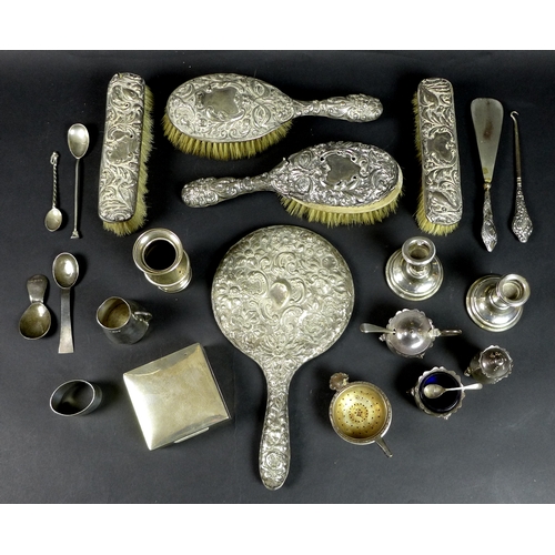 48 - A group of Victorian and later silver items, including a three piece cruet set, cigarette case, 8.5 ... 