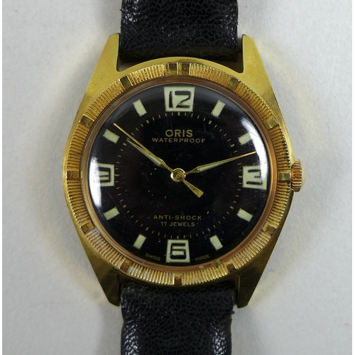 137 - A vintage Oris gold plated gentleman's wristwatch, circular black dial, stylised Arabic cardinal num... 