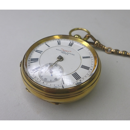 134 - A George V 18ct gold open faced pocket watch, key wind, the white enamel dial signed 'Best' English ... 