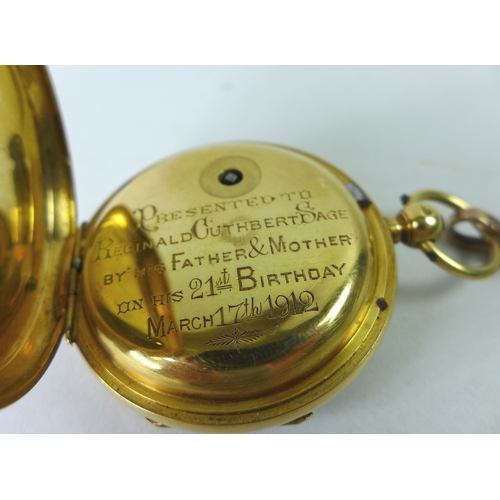 134 - A George V 18ct gold open faced pocket watch, key wind, the white enamel dial signed 'Best' English ... 