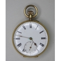 A late 19th century Swiss 14k gold cased pocket watch, keyless wind, white enamel dial with black Ro... 