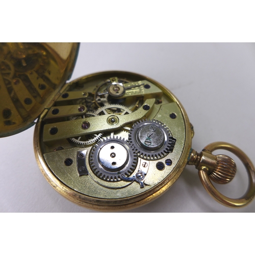 129 - A late 19th century Swiss 14k gold cased pocket watch, keyless wind, white enamel dial with black Ro... 