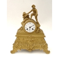 A mid 19th century French ormolu figural mantle clock, with a figure of a 18th century hunter with h... 