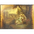 A 18th century style romantic pastoral scene, with two lovers beneath a tree, indistinctly signed, o... 