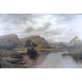 Edward Heaton (British, 20th century): a river landscape, with man fishing on the bank, hills and a ... 
