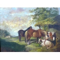 A pastoral landscape, likely early 19th century Dutch, depicting horses and cows in a byre, unsigned... 