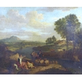 Italian School (18th century): a rural scene with figures in a landscape, in portrait format, with a... 