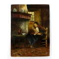 An Edwardian hand painted tile, depicting an interior scene of 19th century Dutch mother feeding her... 