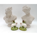 A pair of decorative reproduction busts and two reproduction Staffordshire figurines. (4)