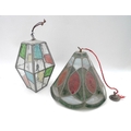 Two coloured glass ceiling lamp shades, tallest diamond form 38cm, the other of octagonal form, a/f.... 