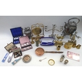 A group of metal wares, including white metal spirit kettle, brass jam pan, two Royal Fusiliers smal... 
