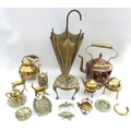 A group of metal wares, including a copper and brass kettle and various ornaments. (1 box and a kett... 