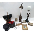 A group of collectables, including two table lamps and a Victorian carved tray. (1 box)
