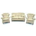 A modern three piece suite, upholstered in beige foliate fabric, comprising a two seater sofa and tw... 